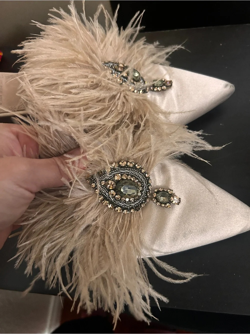Tory Burch Champagne Feather Jeweled Pointed Mules